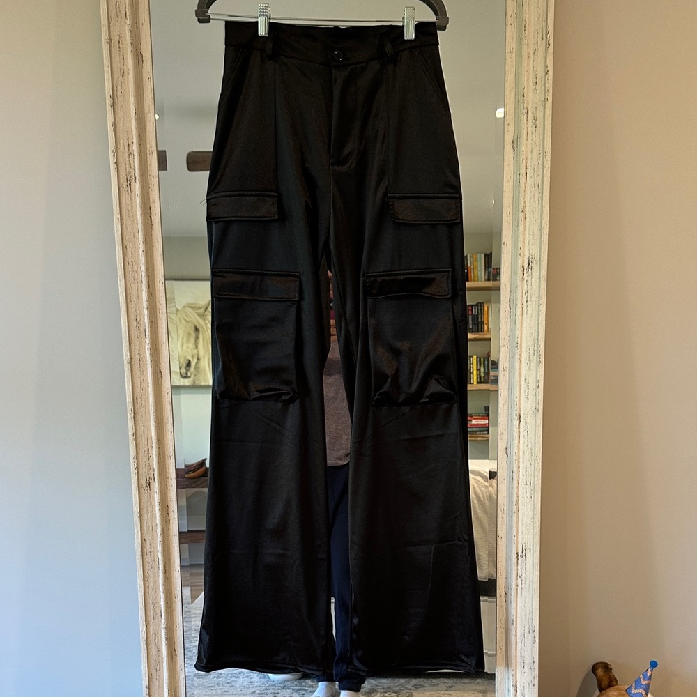 Elegant Black SATIN Women's Cargo Trousers - Picture 2 of 4